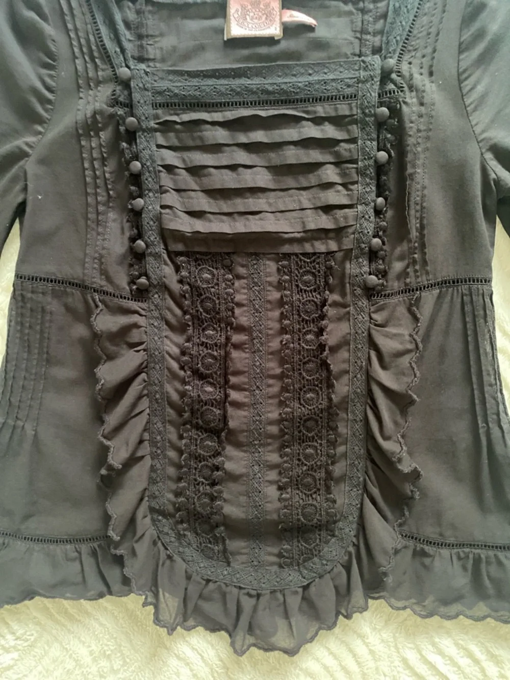 Juicy Couture Black Ruffled Lace-Trim Square Neck Blouse - Picture 3 of 6